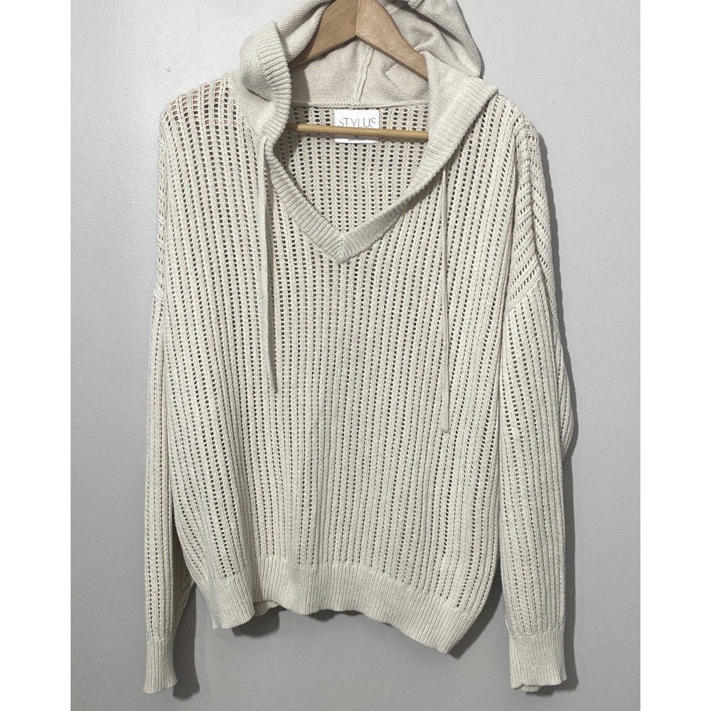 Womens Open-Knit Hooded V-Neck Sweater BOHO Beachy Oversized Comfort Hippie-Chic